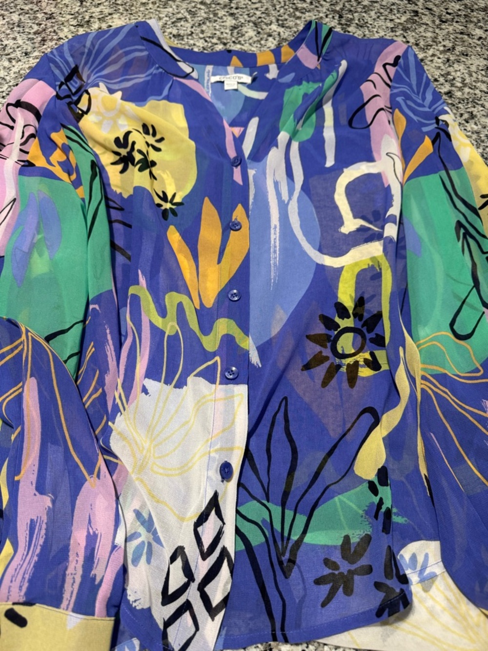 NWT. Chico's Abstract Floral Button-Up Top in Blue, Yellow & Green